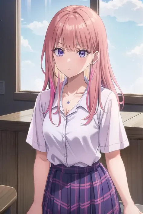 nikoruyamana, <lora:nikoru yamana s1-lora-nochekaiser:0.8>,
nikoru yamana, long hair, bangs, (purple eyes:1.1), pink hair, multicolored hair, two-tone hair, streaked hair, makeup,
BREAK skirt, shirt, jewelry, school uniform, collarbone, white shirt, short sleeves, pleated skirt, earrings, necklace, blue skirt, streaked hair, plaid, plaid skirt,
BREAK indoors, classroom,
BREAK looking at viewer, (cowboy shot:1.5),
BREAK <lyco:GoodHands-beta2:1>, (masterpiece:1.2), best quality, high resolution, unity 8k wallpaper, (illustration:0.8), (beautiful detailed eyes:1.6), extremely detailed face, perfect lighting, extremely detailed CG, (perfect hands, perfect anatomy),