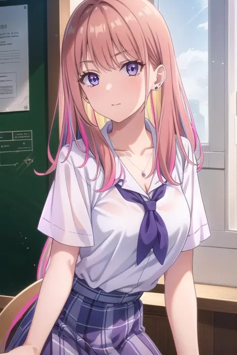 nikoruyamana, <lora:nikoru yamana s1-lora-nochekaiser:0.8>,
nikoru yamana, long hair, bangs, (purple eyes:1.1), pink hair, multicolored hair, two-tone hair, streaked hair, makeup,
BREAK skirt, shirt, jewelry, school uniform, collarbone, white shirt, short sleeves, pleated skirt, earrings, necklace, blue skirt, streaked hair, plaid, plaid skirt,
BREAK indoors, classroom,
BREAK looking at viewer, (cowboy shot:1.5),
BREAK <lyco:GoodHands-beta2:1>, (masterpiece:1.2), best quality, high resolution, unity 8k wallpaper, (illustration:0.8), (beautiful detailed eyes:1.6), extremely detailed face, perfect lighting, extremely detailed CG, (perfect hands, perfect anatomy),