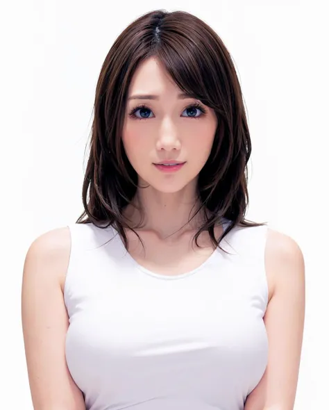 best quality, photorealistic, 8k, high res, 1girl, woman, (skindentation), (portrait:0.6), gorgeous, ((whitebackground:2)), ((sleeveless white tshirt, smallsize round breast:1.9)), straight-looking at viewer:1.8, (1girl eyes looking at viewer, medium-length hair,  brownhair, partedbangs:1.65), photorealistic, (bokeh), (closed mouth:1.96), gorgeous, pureerosface_v1,  <lora:AVID-julia:0.75>