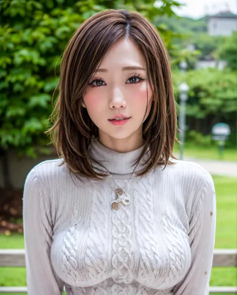 pureerosface_v1:0.3, best quality, photorealistic, 8k, high res, full color, 1girl, woman, 20 years old woman, closed mouth, (skindentation), (portrait:0.6), trees, park bench, daylight, ((park background:1.52)), full color, ((necksweater:1.68)), looking at viewer:1.8, (1girl eyes looking at viewer:1.55), (short-length hair, brownhair, partedbangs:1.45), (bokeh), <lora:AAV-julia:0.7>