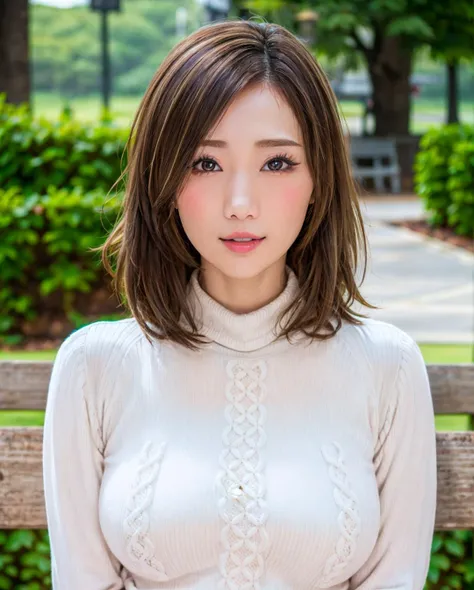 pureerosface_v1:0.3, best quality, photorealistic, 8k, high res, full color, 1girl, woman, 20 years old woman, (skindentation), (portrait:0.6), trees, park bench, daylight, ((park background:1.52)), full color, ((necksweater:1.68)), looking at viewer:1.8, (1girl eyes looking at viewer:1.55), (short-length hair, brownhair, partedbangs:1.45), (bokeh), <lora:AAV-julia:0.7>