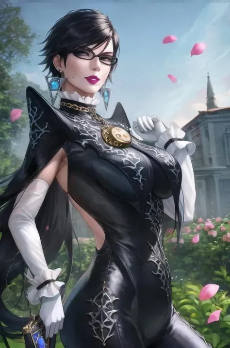 ((masterpiece)),((best quality)),((absurdres)),((ornate)),cowboy_shot,(straight-on),dynamic_pose,bayonetta_2_shorthair_aiwaifu,aiwaifu,black_hair,jewelry,glasses,earrings,mole_under_mouth,makeup,short_hair,lipstick,lips,gloves,amulet,alternate_hair_length,breasts,bodysuit,elbow_gloves,black-framed_eyewear,large_breasts,white_gloves,eyeshadow,chain,cleavage_cutout, clothing_cutout,cleavage,bangs,semi-rimless_eyewear,toned,curvy, narrow waist, solo,mature_female,looking_at_viewer,architecture,garden,stream,outdoors,gradient_sky,twilight,petals,magic,backlighting,light_particles,bokeh, blurry_background,colorful,(highres),(ornate_clothes),(vanishing_point),(dappled_sunlight),(depth_of_field),(scenery),(realistic),(masterpiece),