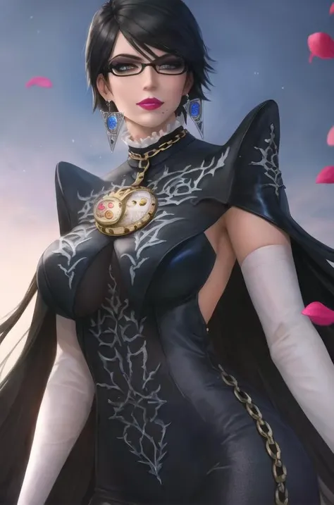 ((masterpiece)),((best quality)),((absurdres)),((ornate)),<lora:bayonetta_2_shorthair_aiwaifu_v50:1>,close-up,straight-on,ojou-sama_pose,bayonetta_2_shorthair_aiwaifu,aiwaifu,black_hair,blue_eyes,jewelry,glasses,earrings,mole_under_mouth,makeup,short_hair,lipstick,lips,gloves,amulet,alternate_hair_length,breasts,bodysuit,elbow_gloves,black-framed_eyewear,large_breasts,white_gloves,eyeshadow,chain,cleavage_cutout, clothing_cutout,cleavage,bangs,semi-rimless_eyewear,toned,curvy, narrow waist, solo,mature_female,looking_at_viewer,architecture,garden,stream,outdoors,gradient_sky,twilight,petals,magic,backlighting,light_particles,bokeh, blurry_background,colorful,(incredibly_absurdres),(ornate_clothes),(vanishing_point),(dappled_sunlight),(depth_of_field),(scenery),(realistic),(masterpiece),