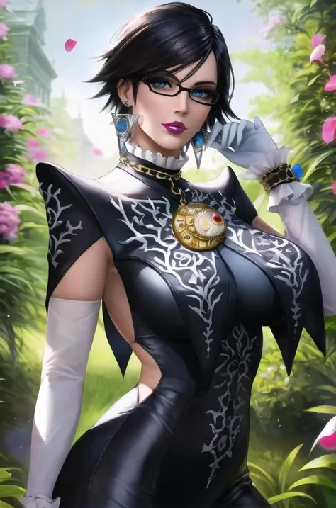 ((masterpiece)),((best quality)),((absurdres)),((ornate)),<lora:bayonetta_2_shorthair_aiwaifu_v50:0.9>,close-up,straight-on,ojou-sama_pose,bayonetta_2_shorthair_aiwaifu,aiwaifu,black_hair,blue_eyes,jewelry,glasses,earrings,mole_under_mouth,makeup,short_hair,lipstick,lips,gloves,amulet,alternate_hair_length,breasts,bodysuit,elbow_gloves,black-framed_eyewear,large_breasts,white_gloves,eyeshadow,chain,cleavage_cutout, clothing_cutout,cleavage,bangs,semi-rimless_eyewear,toned,curvy, narrow waist, solo,mature_female,looking_at_viewer,architecture,garden,stream,outdoors,gradient_sky,twilight,petals,magic,backlighting,light_particles,bokeh, blurry_background,colorful,(incredibly_absurdres),(ornate_clothes),(vanishing_point),(dappled_sunlight),(depth_of_field),(scenery),(realistic),(masterpiece),