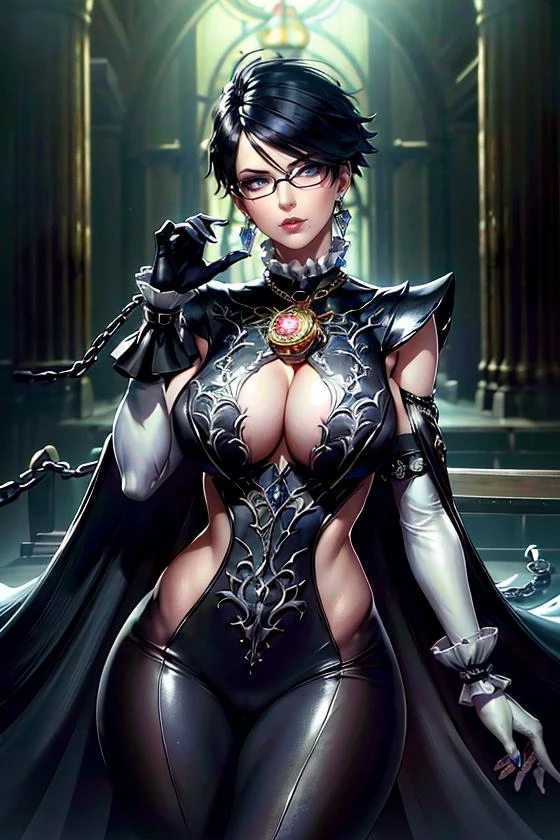 (masterpiece:1.4),(best quality:1.4),(absurdres:1.4),pin-up, <lora:GAME_bayonetta_2_aiwaifu-10:0.8>, bayonetta_2_shorthair_aiwaifu,black_hair,blue_eyes,jewelry,glasses,earrings,mole_under_mouth,makeup,short_hair,lipstick,lips,gloves,amulet,alternate_hair_length,breasts,bodysuit,elbow_gloves,black-framed_eyewear,large_breasts,white_gloves,eyeshadow,chain,cleavage_cutout, clothing_cutout,cleavage,bangs,semi-rimless_eyewear, (absurdres, highres, incredibly_absurdres:1.4),scenery,masterpiece,
