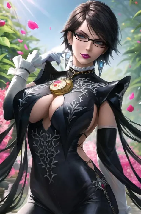 ((masterpiece)),((best quality)),((absurdres)),((ornate)),<lora:bayonetta_2_shorthair_aiwaifu_v50:0.8>,close-up,straight-on,ojou-sama_pose,bayonetta_2_shorthair_aiwaifu,aiwaifu,black_hair,blue_eyes,jewelry,glasses,earrings,mole_under_mouth,makeup,short_hair,lipstick,lips,gloves,amulet,alternate_hair_length,breasts,bodysuit,elbow_gloves,black-framed_eyewear,large_breasts,white_gloves,eyeshadow,chain,cleavage_cutout, clothing_cutout,cleavage,bangs,semi-rimless_eyewear,toned,curvy, narrow waist, solo,mature_female,looking_at_viewer,architecture,garden,stream,outdoors,gradient_sky,twilight,petals,magic,backlighting,light_particles,bokeh, blurry_background,colorful,(incredibly_absurdres),(ornate_clothes),(vanishing_point),(dappled_sunlight),(depth_of_field),(scenery),(realistic),(masterpiece),