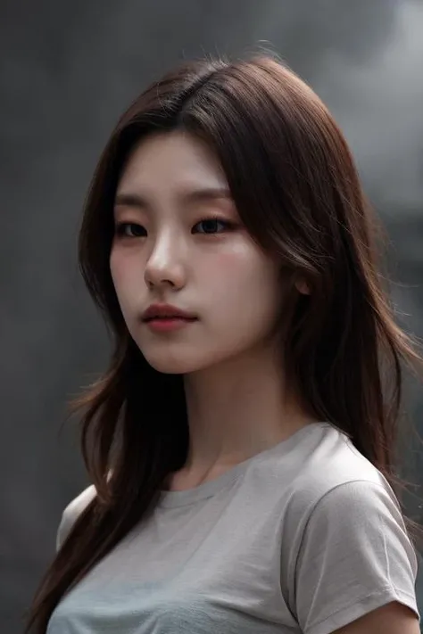 masterpiece, best quality, ultra-detailed, ultra high res, (photorealistic:1.4), raw photo, (realistic:0.2), 8k HDR, realistic lighting, 1girl, solo, looking at viewer, asymmetrical hair, (detailed oily skin), (detailed face), (simple gray background :1.1), (upper body:1.2), simple plain shirts,