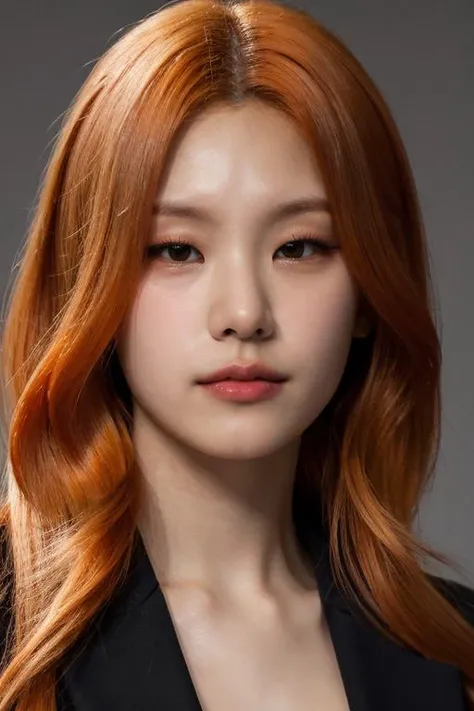 masterpiece, best quality, ultra-detailed, ultra high res, (photorealistic:1.4), raw photo, (realistic:0.2), 8k HDR, realistic lighting, 1girl, solo, looking at viewer, asymmetrical orange hair, (detailed oily skin), (detailed face), (simple gray background :1.1), (full body:1.2), black suits, white collared shirt,