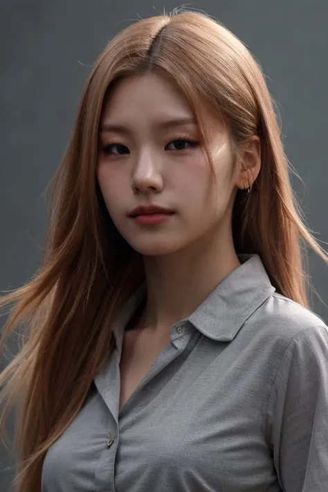 masterpiece, best quality, ultra-detailed, ultra high res, (photorealistic:1.4), raw photo, (realistic:0.2), 8k HDR, realistic lighting, 1girl, solo, looking at viewer, asymmetrical blonde hair, (detailed oily skin), (detailed face), (simple gray background :1.1), (upper body:1.2), suits, collared shirts,
