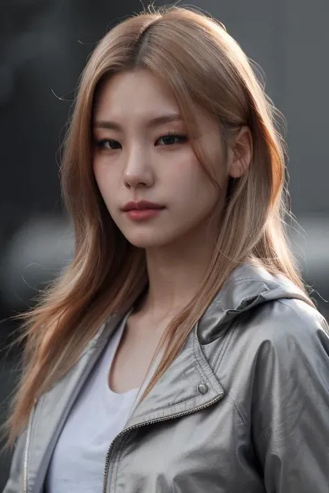 masterpiece, best quality, ultra-detailed, ultra high res, (photorealistic:1.4), raw photo, (realistic:0.2), 8k HDR, realistic lighting, 1girl, solo, looking at viewer, asymmetrical blonde hair, (detailed oily skin), (detailed face), (simple gray background :1.1), (upper body:1.2), jacket,
