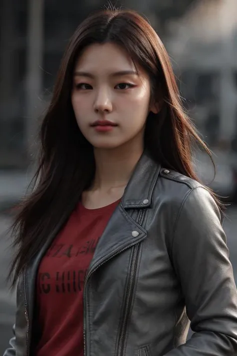 masterpiece, best quality, ultra-detailed, ultra high res, (photorealistic:1.4), raw photo, (realistic:0.2), 8k HDR, realistic lighting, 1girl, solo, looking at viewer, asymmetrical hair, (detailed oily skin), (detailed face), (simple gray background :1.1), (upper body:1.2), leather jacket,