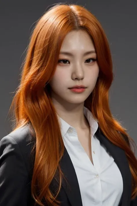 masterpiece, best quality, ultra-detailed, ultra high res, (photorealistic:1.4), raw photo, (realistic:0.2), 8k HDR, realistic lighting, 1girl, solo, looking at viewer, asymmetrical orange hair, (detailed oily skin), (detailed face), (simple gray background :1.1), (full body:1.2), black suits, white collared shirt,