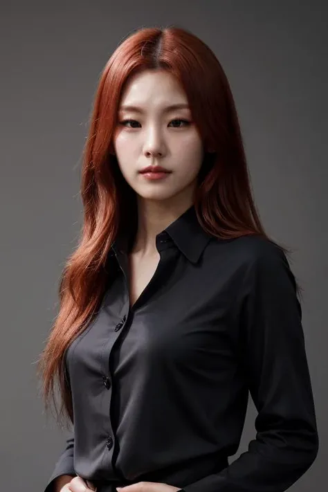 masterpiece, best quality, ultra-detailed, ultra high res, (photorealistic:1.4), raw photo, (realistic:0.2), 8k HDR, realistic lighting, 1girl, solo, looking at viewer, asymmetrical orange hair, (detailed oily skin), (detailed face), (simple gray background :1.1), (full body:1.2), black suits, white collared shirt,
