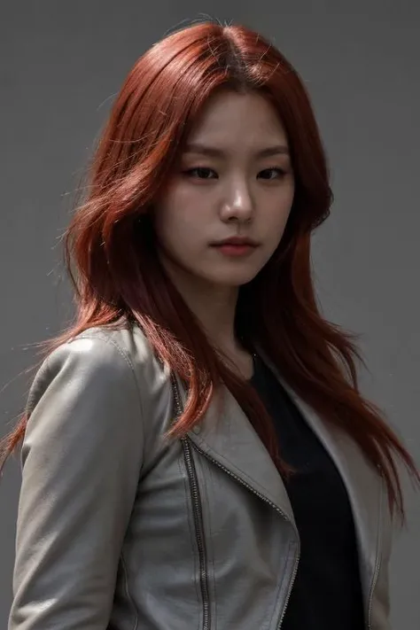 masterpiece, best quality, ultra-detailed, ultra high res, (photorealistic:1.4), raw photo, (realistic:0.2), 8k HDR, realistic lighting, 1girl, solo, looking at viewer, asymmetrical red hair, (detailed oily skin), (detailed face), (simple gray background :1.1), (upper body:1.2), leather jacket,