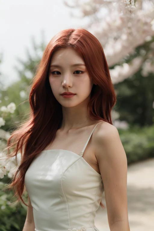 1girl,(RAW photo, best quality), (realistic, photo-realistic:1.4), masterpiece, an extremely delicate and beautiful, extremely detailed, 2k wallpaper, Amazing, finely detail, extremely detailed CG unity 8k wallpaper, ultra-detailed, highres, soft light, beautiful detailed girl, extremely detailed eyes and face, beautiful detailed nose, beautiful detailed eyes,cinematic lighting,perfect anatomy,slender body, wearing a white avantgarde peplum dress,(bokeh:1.2), at a flower park,sakura flowers,flower garden, red hair, looking at viewer, basic makeup