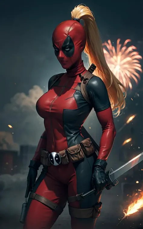 masterpiece, best quality, highres, contrapposto,
BodySuit_lady_deadpool_ownwaifu,
1girl, mask, blonde hair, ponytail, long hair, large breasts, no pupils,
bodysuit, skin tight, superhero, belt pouch, utility belt, red bodysuit, gloves, weapon on back, thigh pouch, thigh strap, thigh holster, belt buckle, turtleneck,
<lora:MARVEL_lady_deadpool_ownwaifu:0.9> ,
light particles, depth_of_field, scenery, night, aerial fireworks, solo, cowboy shot, looking at viewer,