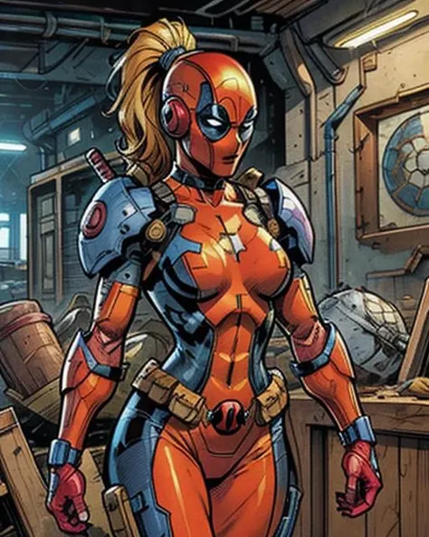 comic artwork of a pretty woman, bodysuit, skintight, scifi background, <lora:MARVEL_lady_deadpool_ownwaifu:0.5> bodysuit_lady_deadpool_ownwaifu, ponytail, mask, epic, dynamic shadows, cinematic lighting, <lora:detail_slider_v4:2>, <lora:colorize:0.75>, <lora:ArmorSuit_v1:0.35> armorsuit, science fiction, robot, power armor, crosshatching, 2D, Sharp, Detailed, HD, HDR, High Quality, High Resolution, Masterpiece