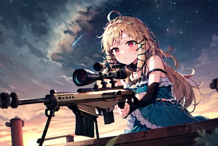 masterpiece, best quality, absurdres, 1girl, tinas, tinasdress, bare shoulders, glowing red eyes, expressionless, outdoor, night, (starry sky:1.2),
dutch angle, <lora:tinaSproutBlack_v10:1>
50caliber, holding weapon, sniper rifle, (aiming:1.32)
<lora:sniperTypeBarrettM82_v2:1>