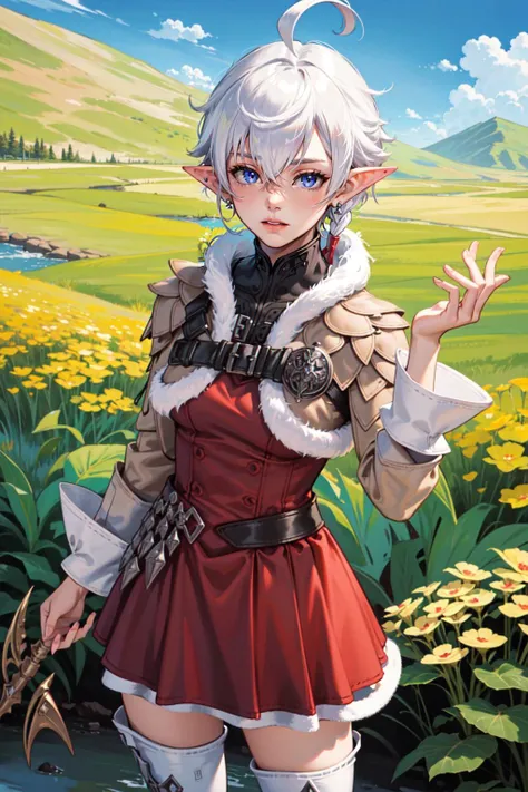 <lyco:alisaie-nvwls-v1-final:1.0>,alisaie,1girl,single braid,hair ribbon,brown jacket,red dress,fur trim,belt,thigh boots,(outdoors:1.33),fantasy,landscape,