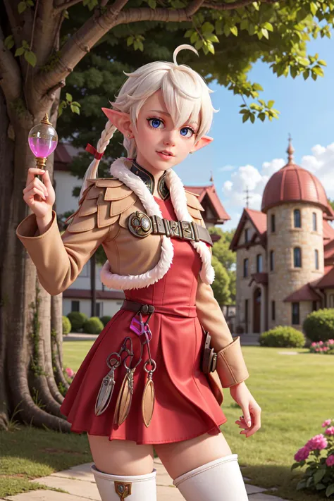 <lyco:alisaie-nvwls-v1-final:1.0>,alisaie,1girl,single braid,hair ribbon,brown jacket,red dress,fur trim,belt,thigh boots,(outdoors:1.33),fantasy,landscape,