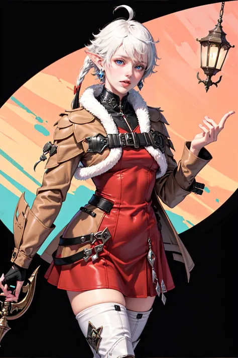 <lyco:alisaie-nvwls-v1-final:1.0>,alisaie leveilleur,alisaie,1girl,single braid,hair ribbon,brown jacket,red dress,fur trim,belt,thigh boots