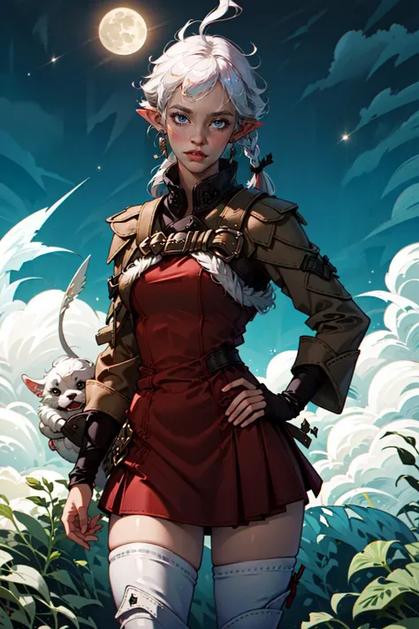 <lyco:alisaie-nvwls-v1-final:1.0>,alisaie,1girl,single braid,hair ribbon,brown jacket,red dress,fur trim,belt,thigh boots,(outdoors:1.33),fantasy,landscape,moon,full moon