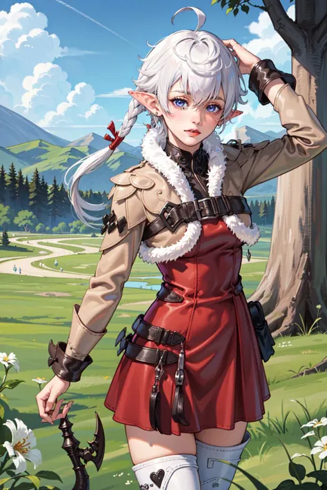 <lyco:alisaie-nvwls-v1-final:1.0>,alisaie,1girl,single braid,hair ribbon,brown jacket,red dress,fur trim,belt,thigh boots,(outdoors:1.33),fantasy,landscape,