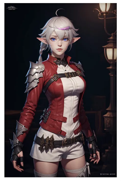 <lyco:alisaie-nvwls-v1-final:0.7>,alisaie,1girl,single braid, hair ribbon, red jacket, shoulder armor, fingerless gloves, white shirt, red belt, white shorts, thigh boots