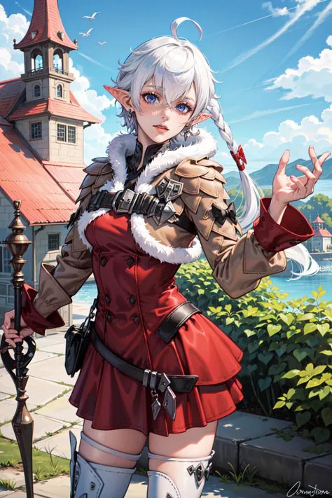 <lyco:alisaie-nvwls-v1-final:1.0>,alisaie,1girl,single braid,hair ribbon,brown jacket,red dress,fur trim,belt,thigh boots,(outdoors:1.33),fantasy,landscape,