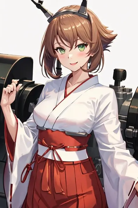 best quality, masterpiece, highres, solo, {white kimono:1.35}, {red hakama:1.35}, {wide sleeves:1.20}, {mutsu_kantaicollection:1.15}, brown_hair, short_hair, green_eyes, breasts, large_breasts, smile, headgear, blush, hair_between_eyes