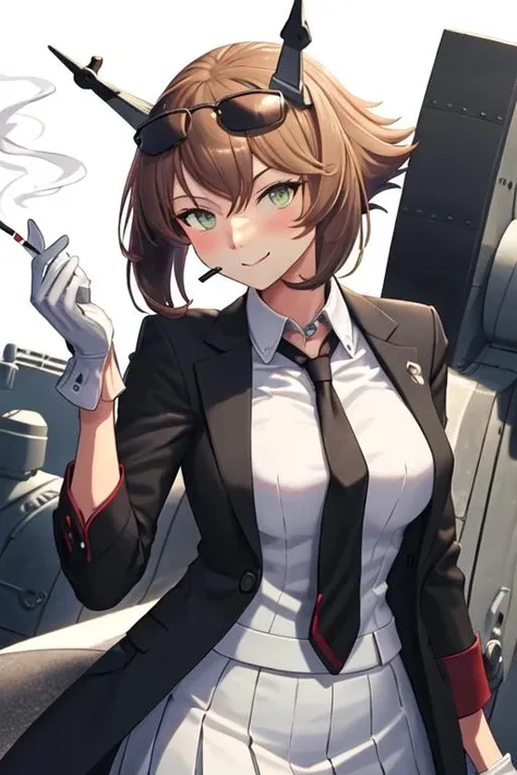 best quality, masterpiece, highres, solo, {black business suit:1.40}, {tie:1.20}, {sunglasses:1.25}, {white gloves:1.15}, {white shirt:1.10}, {black skirt:1.15}, {smoking:1.20}, handsome, {mutsu_kantaicollection:1.15}, brown_hair, short_hair, green_eyes, breasts, large_breasts, smile, headgear, blush, hair_between_eyes