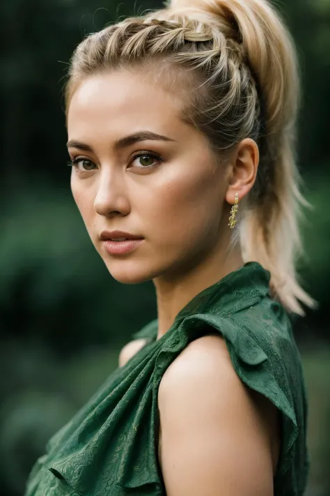 photoshoot of jhk , (blonde hair), (ponytail haircut), , detailed skin texture, (blush:0.2), (goosebumps:0.3), (green dress), subsurface scattering, Photorealistic, Hyperrealistic, Hyperdetailed, analog style, hip cocked, demure, detailed skin, matte skin, soft lighting, subsurface scattering, realistic, heavy shadow, masterpiece, best quality, ultra realistic, 8k, golden ratio, Intricate, High Detail, film photography, soft focus, <lora:JessicaHenwick-RealVision-V1.0:1.1>
