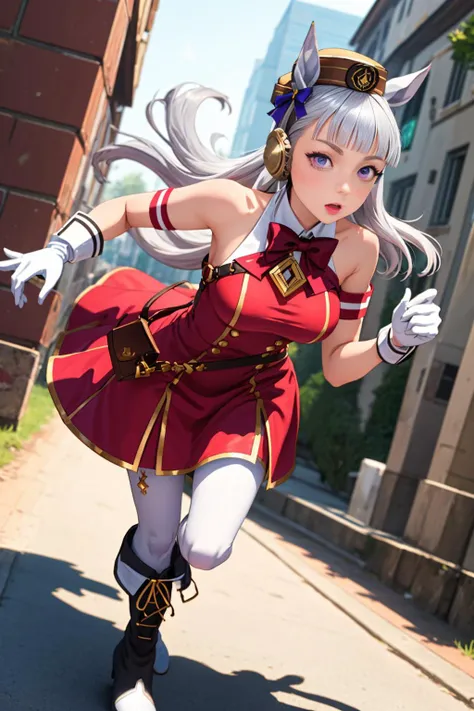 gold ship \(umamusume\), 1girl,running,dutch angle,full body,solo, long hair, animal ears, horse ears, bangs, purple eyes, breasts, horse girl, grey hair, blunt bangs, horse tail,pillbox hat, brown headwear, red bowtie, bare shoulders, red dress, sleeveless dress, armband, white gloves, buttons, pouch, white pantyhose, thigh strap, white footwear, knee boots, high heel boots <lora:UmaMusume_AIO:0.7>, (masterpiece, best quality)