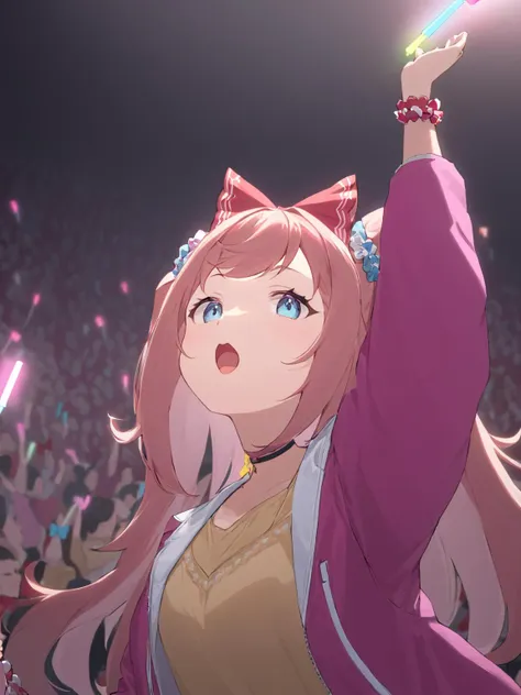 (masterpiece),(highest quality),highres,(an extremely delicate and beautiful),(extremely detailed), solo, Agnes Digital \(umamusume\) wears casual, hair bow, red bow, choker, pink jacket, open jacket, yellow shirt, wrist scrunchie. crowds are around and she looks to the side and looking up. she holds glowsticks and open mouth
<lora:UmaDiffusionXL-768x1024:1>