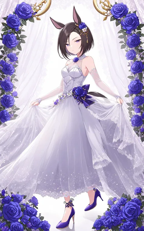 (masterpiece),(highest quality),highres,(an extremely delicate and beautiful),(extremely detailed), solo, Air Groove \(umamusume\) wears official alternate costume, hair ornament, purple flower, hair flower, purple rose, bridal gauntlets, see-through, bare shoulders, wedding dress, white dress, white pants, high heels, floral background
<lora:UmaDiffusionXL-768x1024:1>