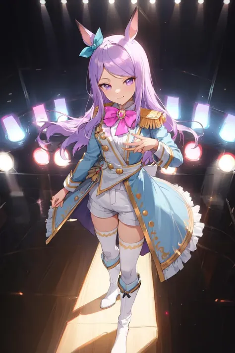 masterpiece, best quality, 
mejiro mcqueen \(umamusume\), 
(stage lights:1.2), looking at viewer, (glowstick:1.1), backlighting, light smile, from above,
official alternate costume, single epaulette, light blue coat, gold trim, white shirt, pink bowtie, brooch, long sleeves, waist cape, white shorts, white thighhighs, white footwear, knee boots, high heels, high heel boots, 
<lyco:UmaMusume_AIO:0.7>