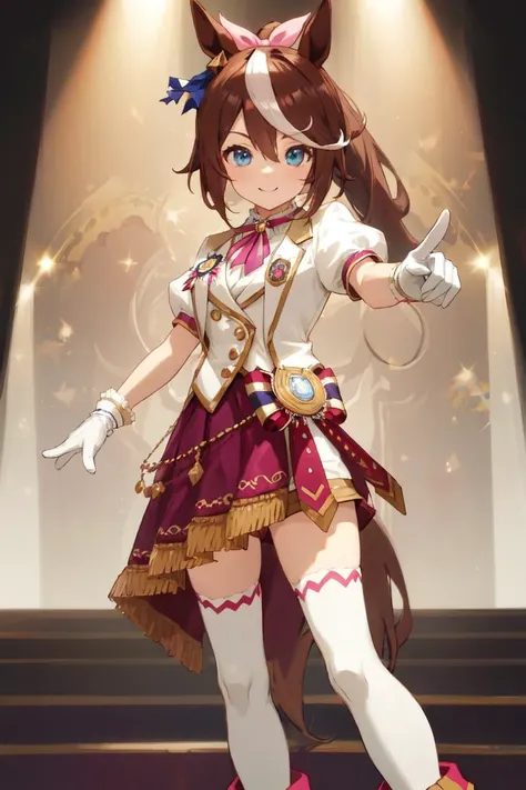 masterpiece, best quality, 
tokai teio \(umamusume\), hair ribbon, pink ribbon, 
stage lights, looking at viewer, (zoom layer:1.1), pointing at viewer, standing, smile, 
official alternate costume, puffy short sleeves, white jacket, brooch, neck ribbon, white shirt, white gloves, buttons, medal, gold trim, white over-kneehighs, purple skirt, fringe trim, white shorts, short shorts, high heel boots, white footwear, 
<lyco:UmaMusume_AIO:0.7>