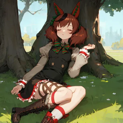 masterpiece, best quality,
nice nature \(umamusume\),
lying on grass, on back, sleeping, (wide shot:1.2), from above, under tree, 
ear covers, green bowtie, diagonal-striped bowtie, striped puffy sleeves, puffy long sleeves, juliet sleeves, grey shirt, double-breasted, buttons, black dress, frilled dress, pinafore dress, thigh strap, o-ring, red socks, brown footwear, knee boots, cross-laced footwear, lace-up boots, kneehighs, 
<lyco:UmaMusume_AIO:0.7>