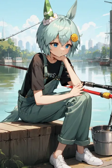 masterpiece, best quality,
seiun sky \(umamusume\),
looking away, fishing rod, sitting on wharf, wide shot, bucket, head rest, 
casual, single ear cover, hair flower, hairclip, black shirt, t-shirt, clothes writing, one-side off shoulder, short sleeves, overalls, suspenders pants, white footwear, 
<lyco:UmaMusume_AIO:0.7>