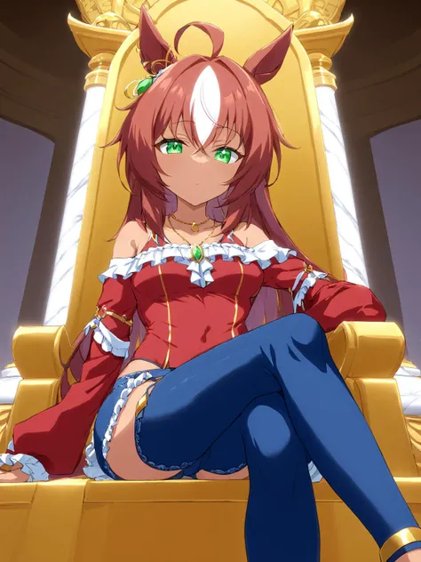 (masterpiece),(highest quality),highres,(an extremely delicate and beautiful),(extremely detailed), solo, Darley Arabian \(umamusume\) wears ear ornament, jewelry, necklace, bra strap, crop top, horseshoe ornament, frilled shirt, red shirt, bare shoulders, off-shoulder shirt, detached sleeves, puffy long sleeves, frilled sleeves, bracelet, highleg panties, underwear, jeans, blue pants, sandals. she is in golden palace with marble pillar. she sits on golden throne, crossed legs, wide shot
<lora:UmaDiffusionXL-768x1024:1>