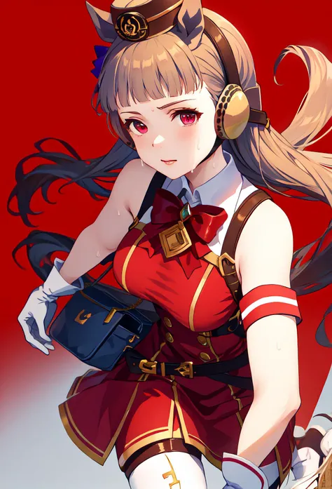(masterpiece, best quality),4k, lossless, ultra hd,highly detailed,ultra-detailed,solo,1girl,front view,cowboy shot,gold ship \(umamusume\),pillbox hat, brown headwear,red bowtie, bare shoulders, red dress, sleeveless dress, armband, white gloves, buttons, pouch, white pantyhose, thigh strap, white footwear, knee boots, high heel boots,sweat,looking at viewer,running,fire,red background