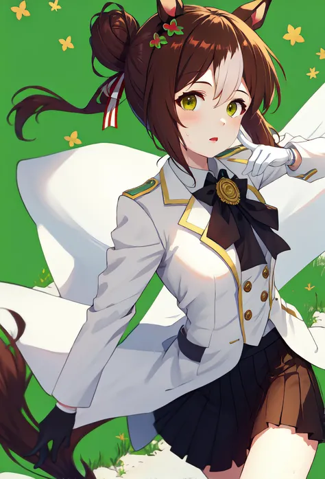 (masterpiece, best quality),4k, lossless, ultra hd,highly detailed,ultra-detailed,solo,1girl,front view,cowboy shot,fine motion \(umamusume\), clover hair ornament, hair ribbon, white ascot, black bowtie, long sleeves, white gloves, white jacket, collared shirt, green shirt, buttons, open jacket, open clothes, black skirt, pleated skirt, white socks, white footwear, high heel boots,sweat,looking at viewer,running,green background