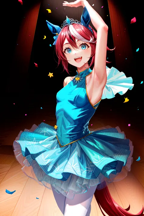 masterpiece, best quality, best aesthetic, ultra-detailed, dancing room, (beautiful detailed face), (beautiful detailed eyes, jewel-like eyes, blue eyes), 1girl, tokai teio \(umamusume\) , tiny beasts, (white pantyhose:1.3), (blue tutu, white transparent tutu, blue ballet dress, ballerina,:1.2), princess tiara, <lora:umamusume_aio_loha:0.8>, dancing, dancing room, open mouth, teeth, smile, <lora:tutuBalletOutfit_tutuV1:0.6>, dynamic pose, in studio, indoors, looking at viewer, bare arms, petal, confetti, nice hands,  <lora:nice_hands:1>, 
<lora:add_details:0.7>