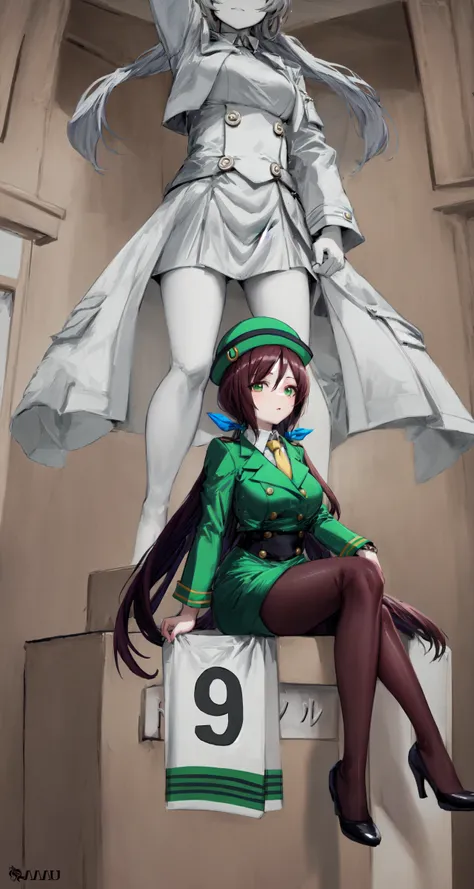 masterpiece, best quality, best aesthetic, ultra-detailed, marble stone sculpture, hayakawa tazuna, <lora:umamusume_aio_loha:0.8>, flag, number,
green headwear, bowler hat, hair ribbon, yellow necktie, wristwatch, formal, long sleeves, collared shirt, green jacket, buttons, double-breasted, green skirt, skirt suit, pencil skirt, black pantyhose, shoes, green footwear, long legs, narrow waist, depth of field, (crossed legs), <lora:aurora_black_pantyhose_d50:1>, looking at viewer, <lora:add_details:0.5>