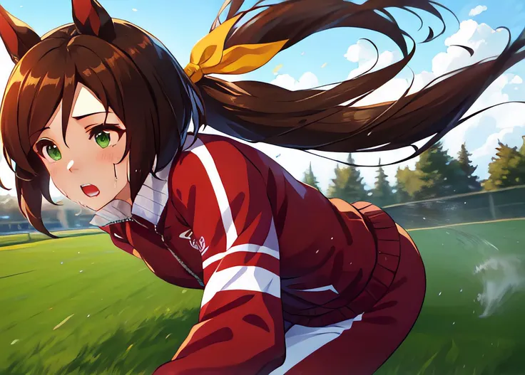 (masterpiece, best quality),4k, lossless, ultra hd,highly detailed,ultra-detailed,solo,1girl,front view,cowboy shot,(hayakawa tazuna:1.05),horse ears,horse tail, hair ribbon,yellow ribbon,tracen trainig uniform, track jacket, track pants,scare,sweat,(running:1.1),grass,fleeing,horse