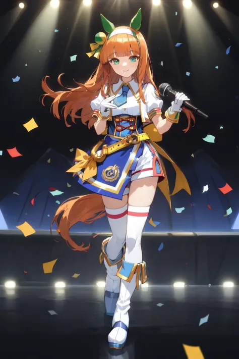 masterpiece, best quality, 
silence suzuka \(umamusume\), ear covers, hair ornament, white hairband, 
stage lights, zoom layer, holding microphone, looking at viewer, light smile, confetti, full body,
official alternate costume, open clothes, open jacket, wing collar, blue jacket, cropped jacket, puffy short sleeves, blue short necktie, white shirt, underbust, buttons, double-breasted, white gloves, gold trim, back yellow bow, belt, horsehoe ornament, red bow, high-waist blue skirt, white shorts, zettai ryouiki, white thighhighs under knee boots, high heel boots, white footwear, 
<lyco:UmaMusume_AIO:0.7>