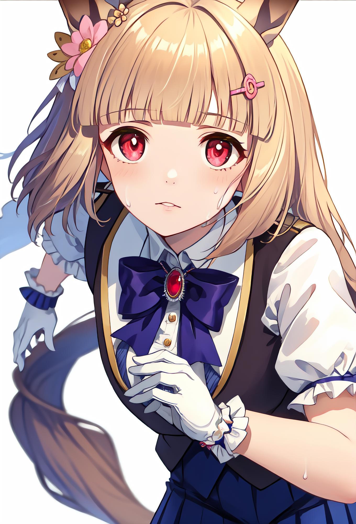 Anime girl with long hair and a bow tie holding a cat ear - SeaArt AI