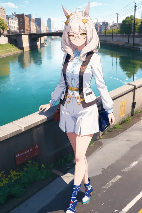 (masterpiece, best quality:1.2), Biwa Hayahide, glasses, <lyco:_All_in_One_UmaMusume_AIO:0.8>, street fashion, full body, river bridge, uma musume, bright eyes, (solo), anatomically correct, intricate detail, Thick Eyelashes, Brilliant Colorful Illustration