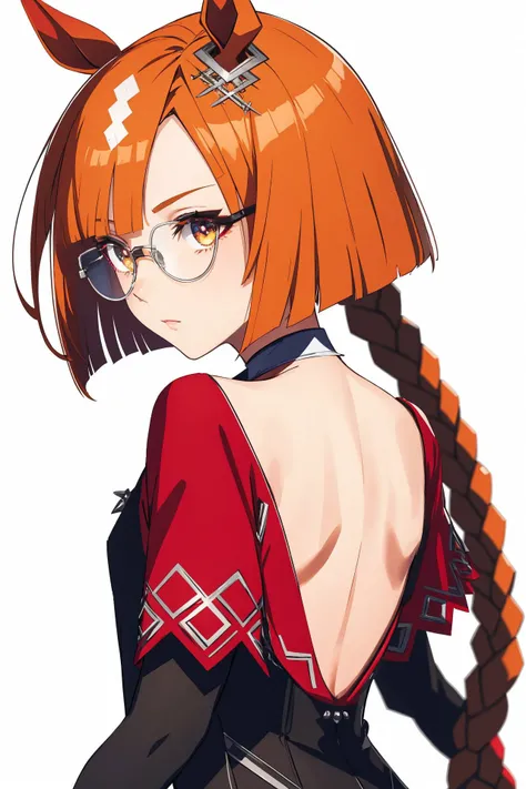 (masterpiece, best quality:1.2), Ikuno Dictus, glasses, <lyco:_All_in_One_UmaMusume_AIO:0.8>, from behind, uma musume, bright eyes, petite, (solo), anatomically correct, (white background:1.1), intricate detail, Thick Eyelashes, Brilliant Colorful Illustration