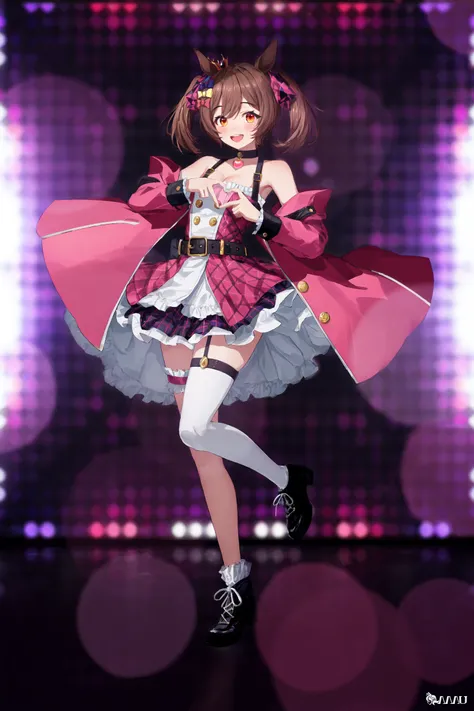 masterpiece, best quality, best aesthetic, ultra-detailed, fingerless gloves, single thighhigh, jewelry, single sock, thigh strap, bracelet, white socks, buttons, single kneehigh, plaid dress, pink choker, pink belt, plaid skirt, mini crown, grey skirt, pink ascot, plaid jacket, full body, side frills, idol clothes, pink dress, bare shoulders, sleeveless, wrist cuffs, detached sleeves, smart falcon \(umamusume\), stage lights, stage, optical illusion, neon lights, <lora:add_details:0.5>, pink lips, cleavage cutout, mini crown,
open mouth, smile, blush, <lora:umamusume_aio_loha:0.85>